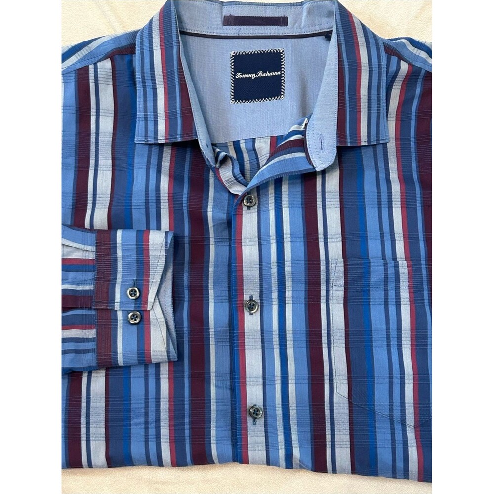 Tommy Bahama Stripe Breaker Shirt Men XL Blue Red Woven Silk Cotton Blend LS